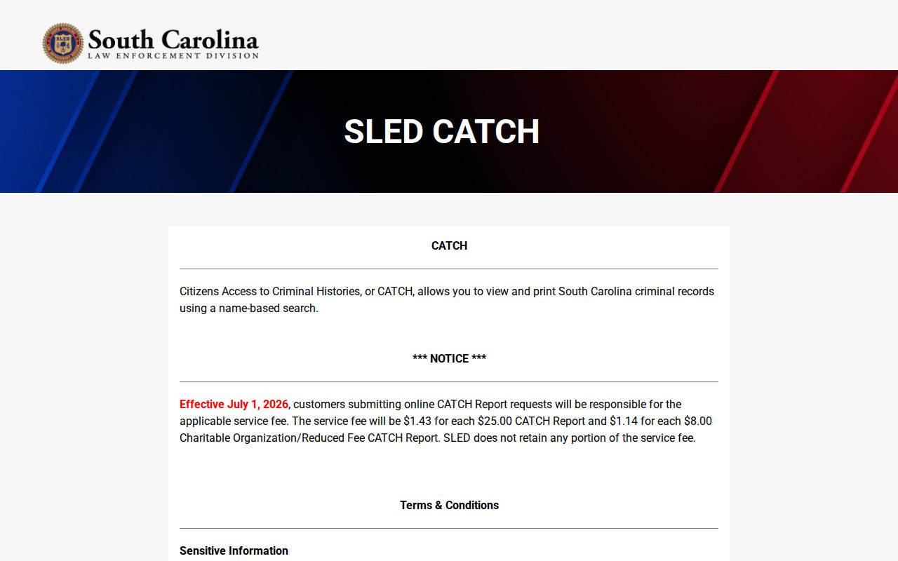 Cherokee County criminal history SLED CATCH terms