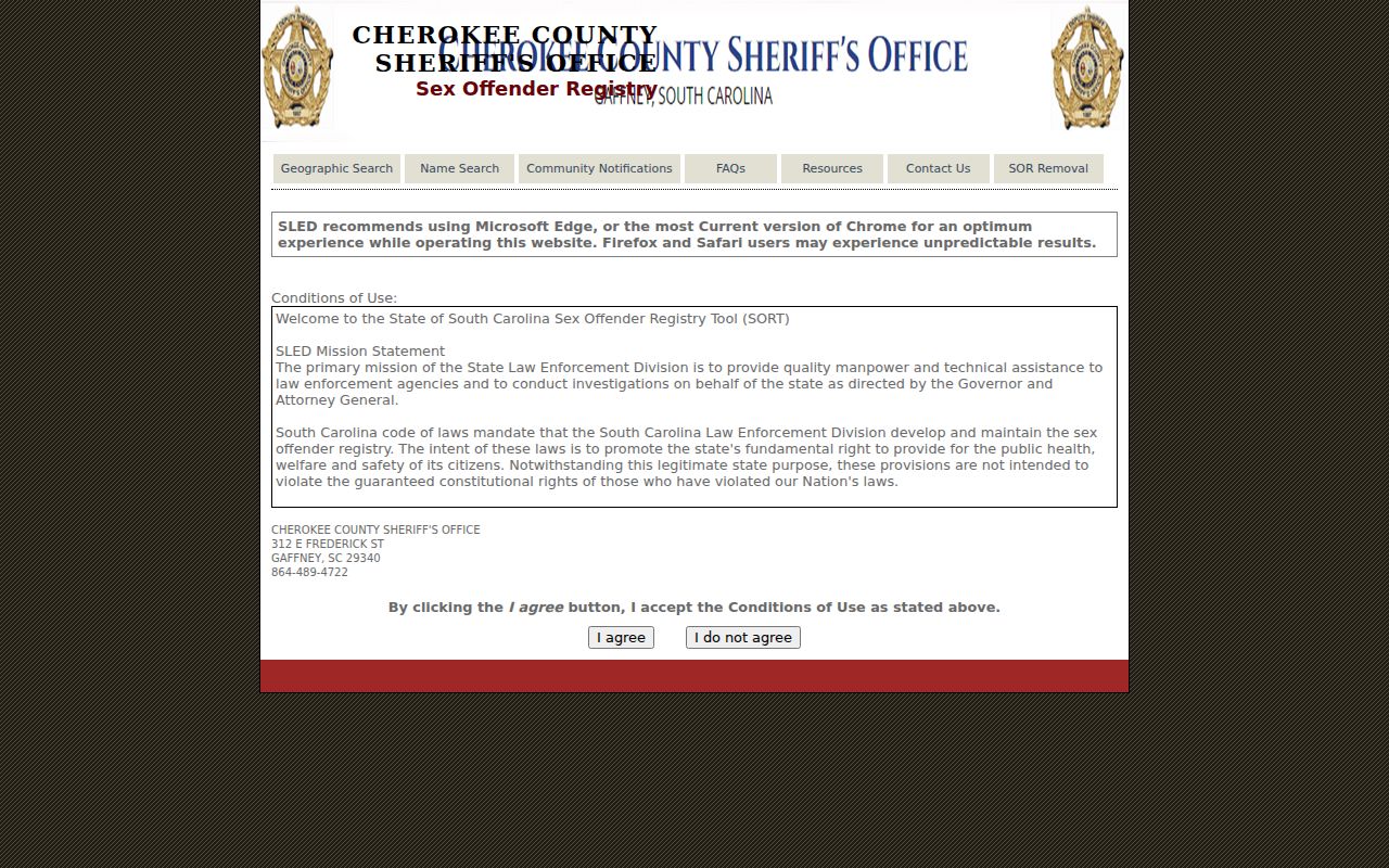 Cherokee County sex offender registry conditions of use